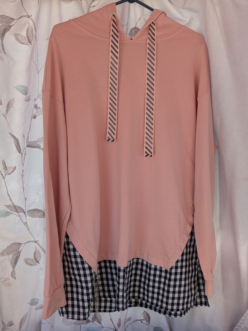 Women's Pink Hooded Tunic Top with Checkered Pattern.